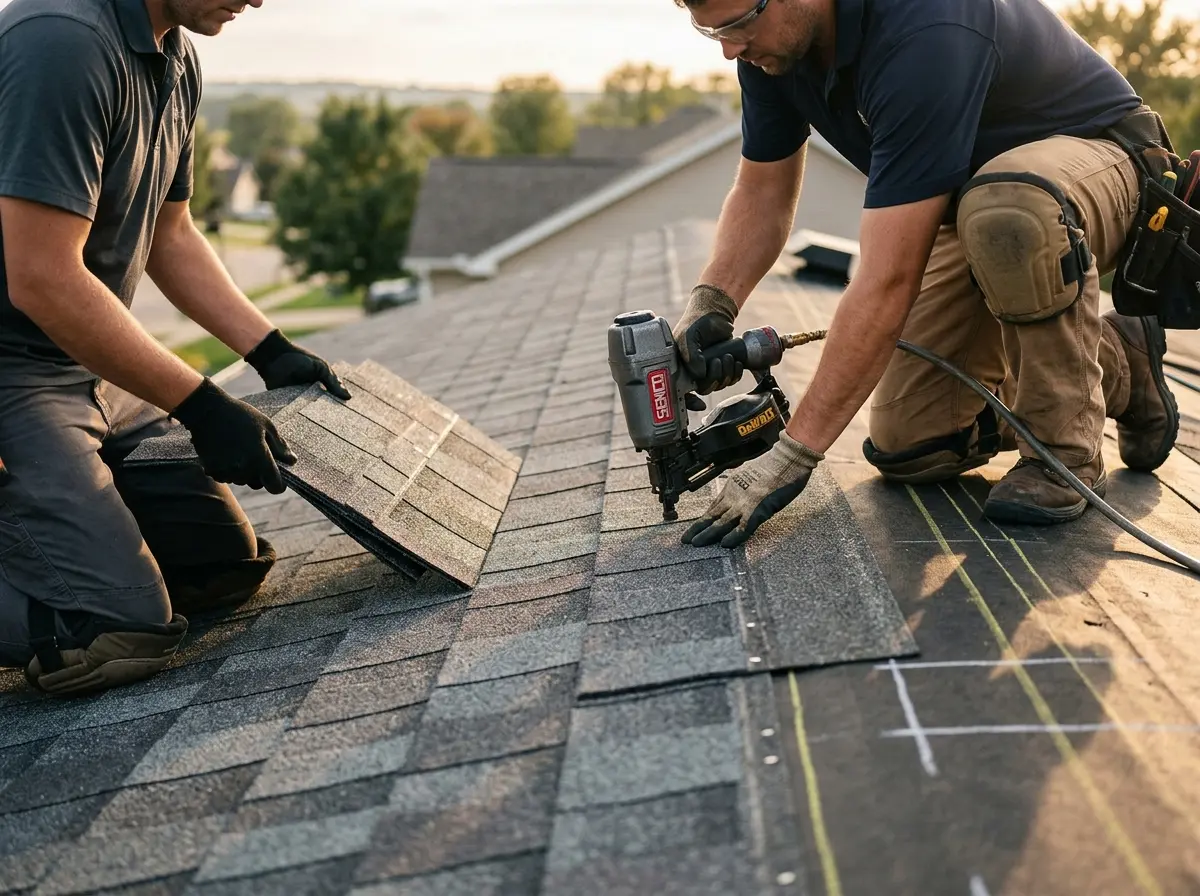 Professional roofer working on a residential roof in West Perrine